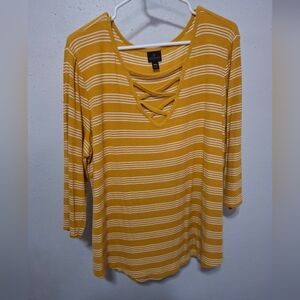 Striped Mustard Long Sleeve Top with Criss-Cross Neckline XXL